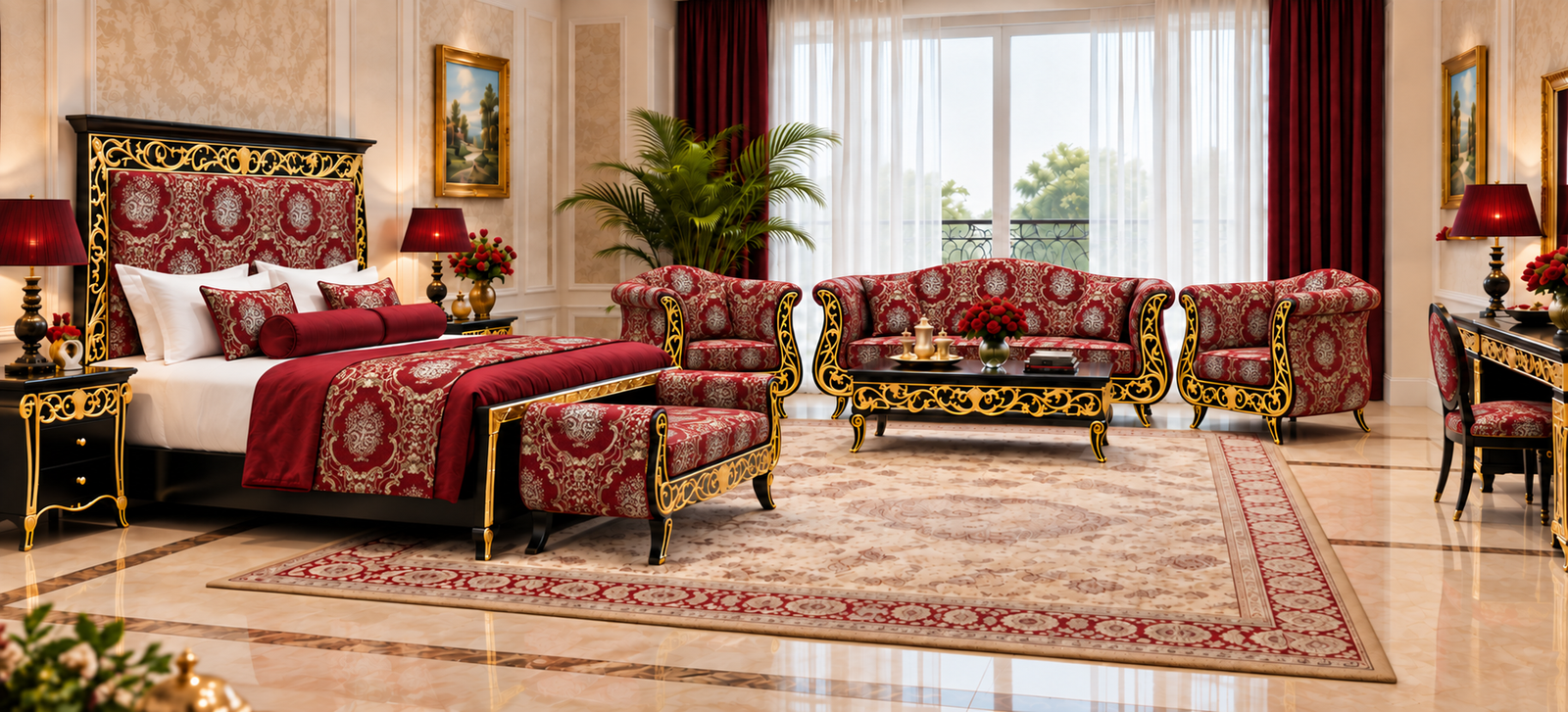 Custom hotel bedroom furniture with matching red patterned bed and lounge seating