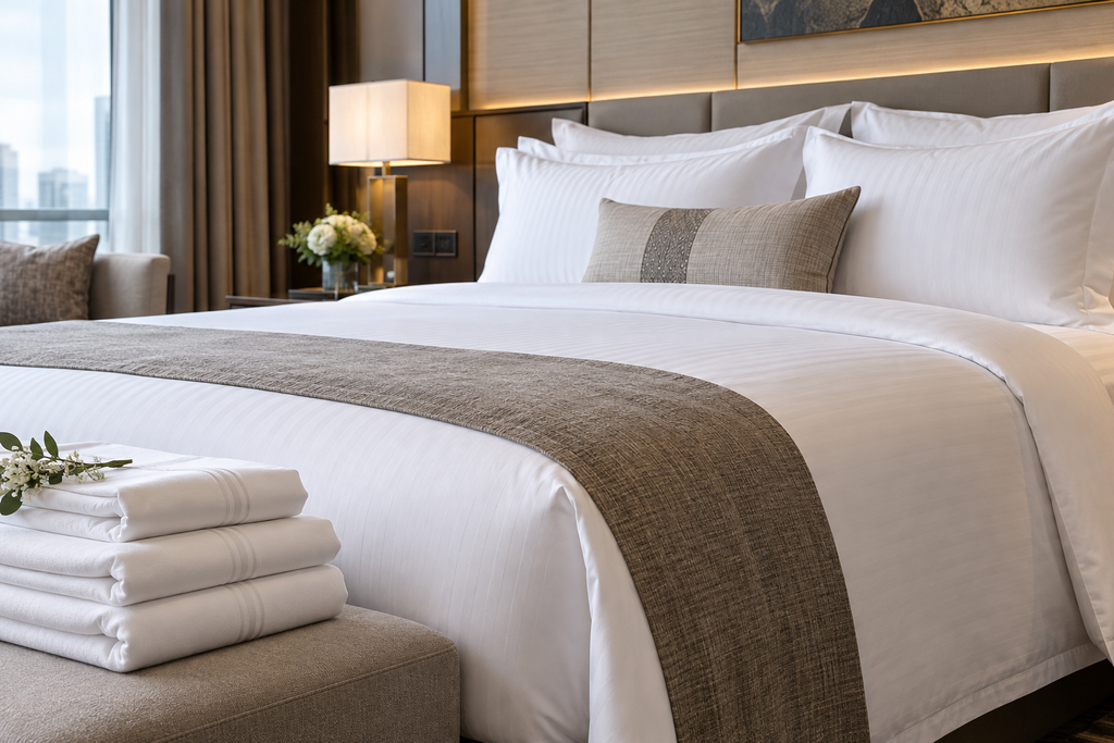 Hotel guestroom amenities including bedding and linens in a hotel room