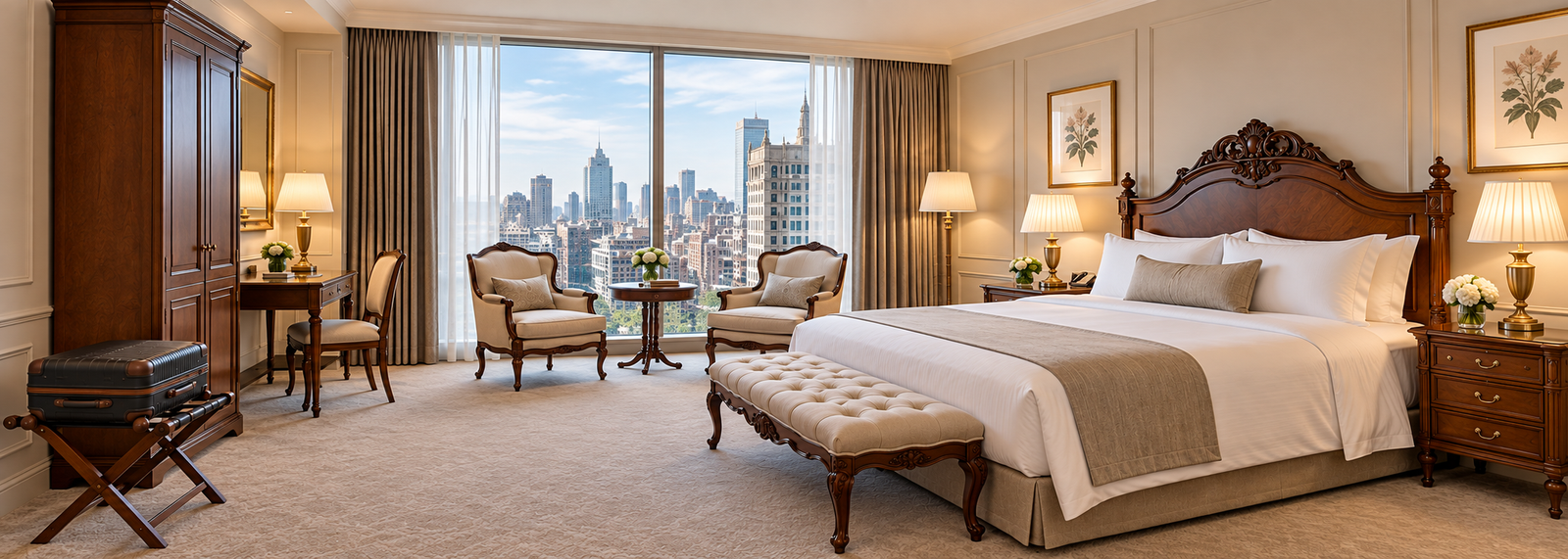 Neoclassical hotel guestroom with carved wood bed, upholstered bench, lounge chairs and luggage rack