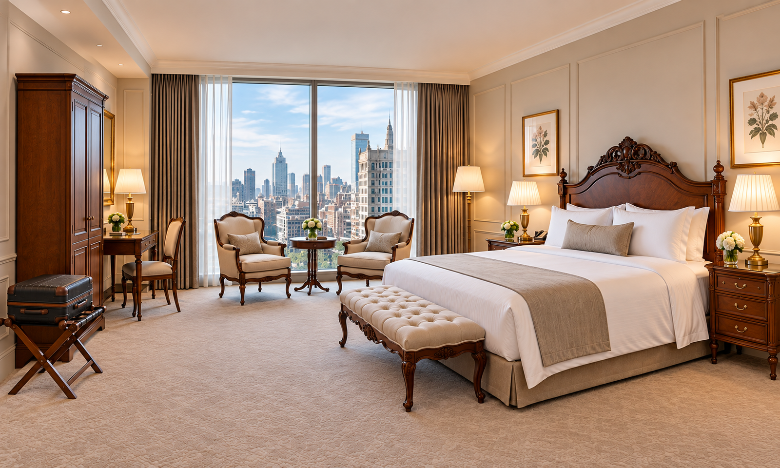 Neoclassical hotel guestroom with carved wood bed, upholstered bench, lounge chairs and luggage rack