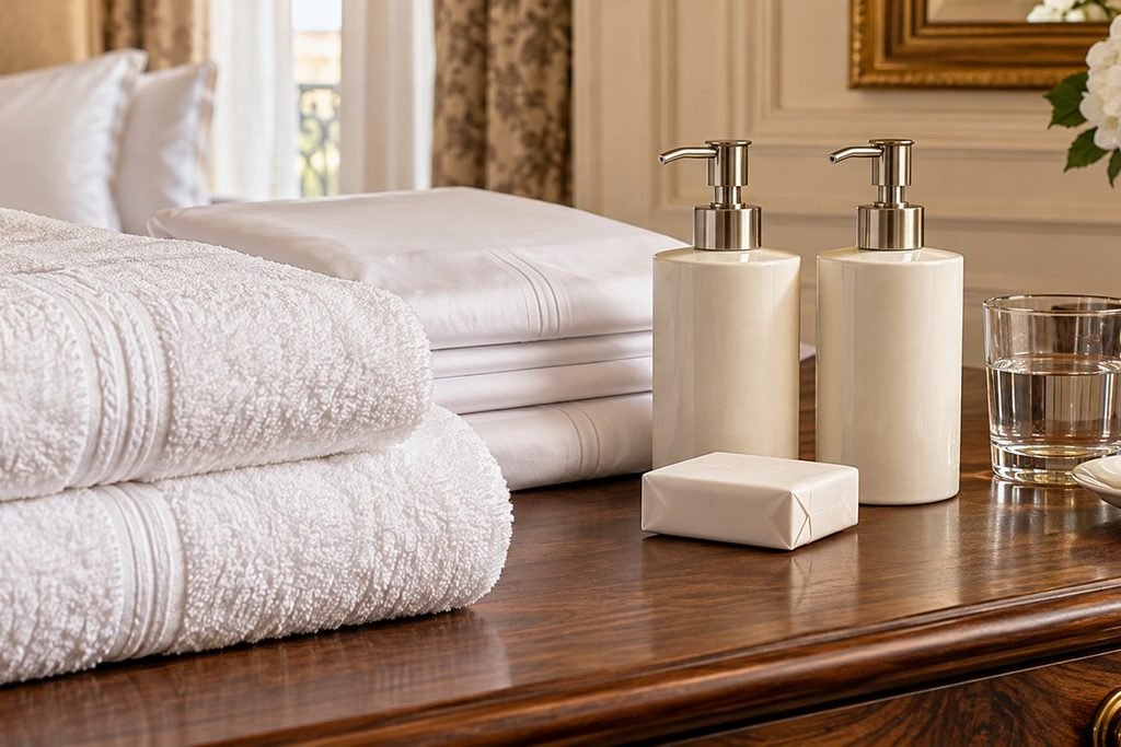 Hotel supplies including guestroom linens, towels and bathroom amenities